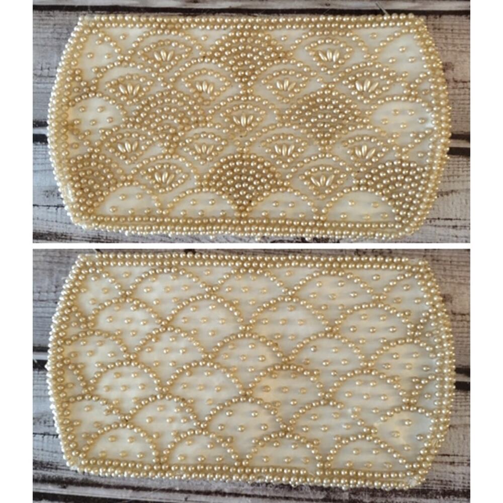 Vintage MCM Creamy White Satin & Champagne Gold Beaded Small Clutch Pouch JAPAN